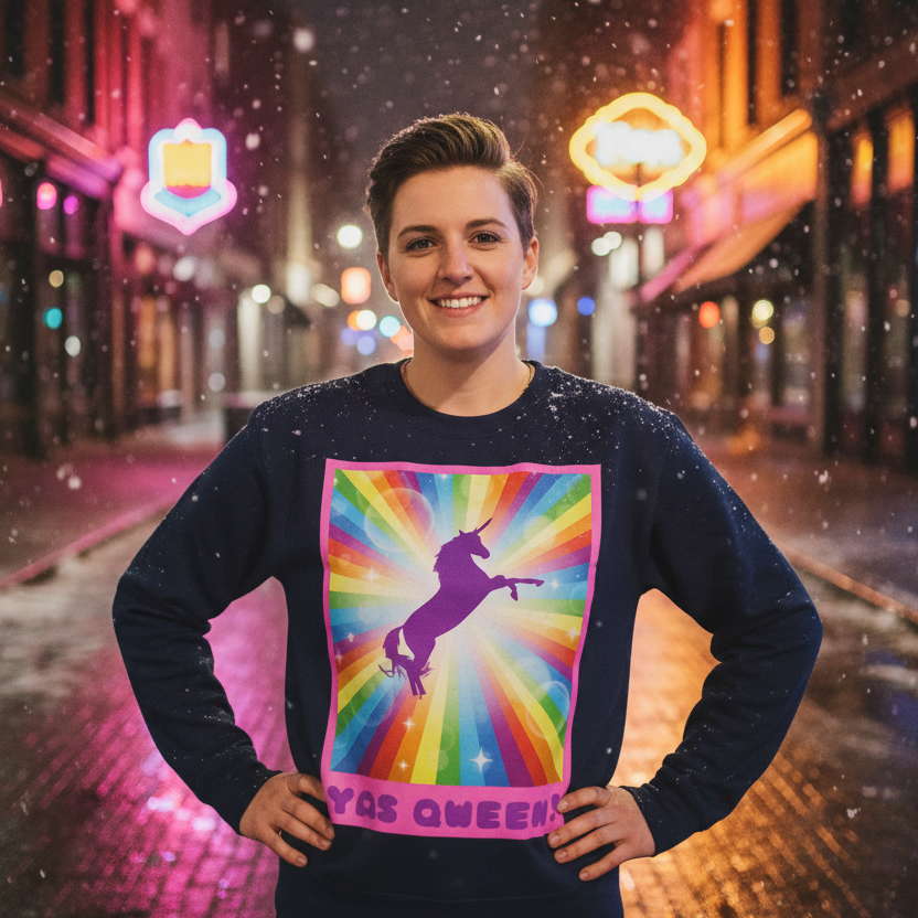 Person wearing a Yas Qween! Unisex Sweatshirt with a vibrant unicorn design, standing confidently on a wet city street, embodying joyful queer pride and self-expression.