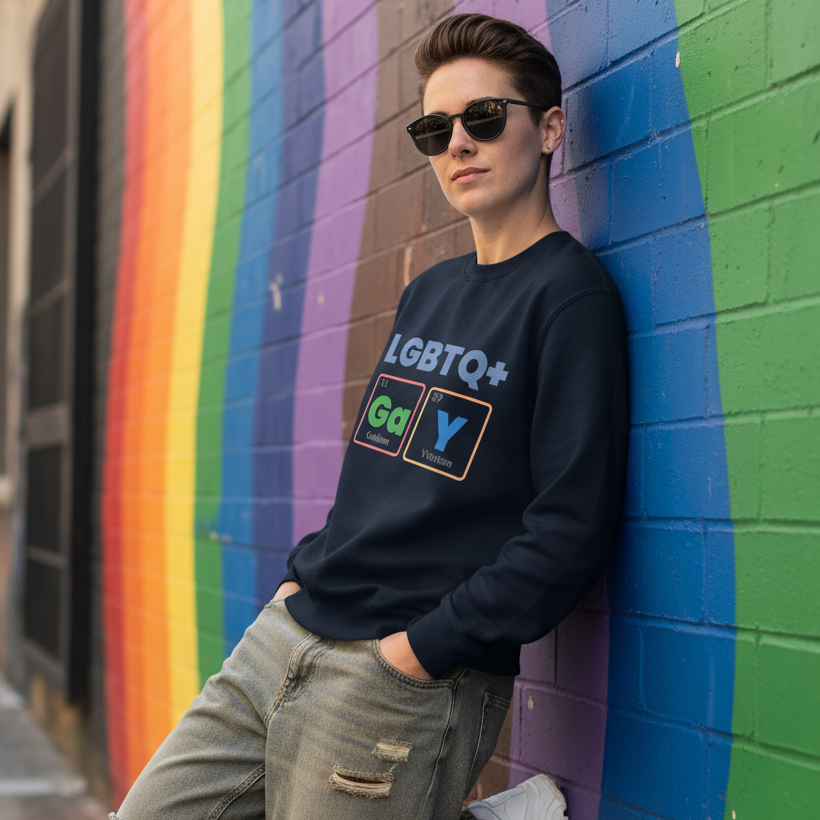 Person wearing an LGBTQ+ GaY Unisex Sweatshirt with periodic table design, embodying relaxed pride and self-expression against a rainbow-striped wall, symbolizing queer empowerment and visibility.