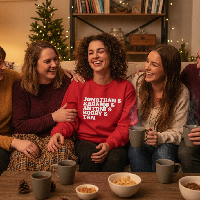 Red sweatshirt reading “JONATHAN & KARAMO & ANTONI & BOBBY & TAN.” worn at a holiday gathering