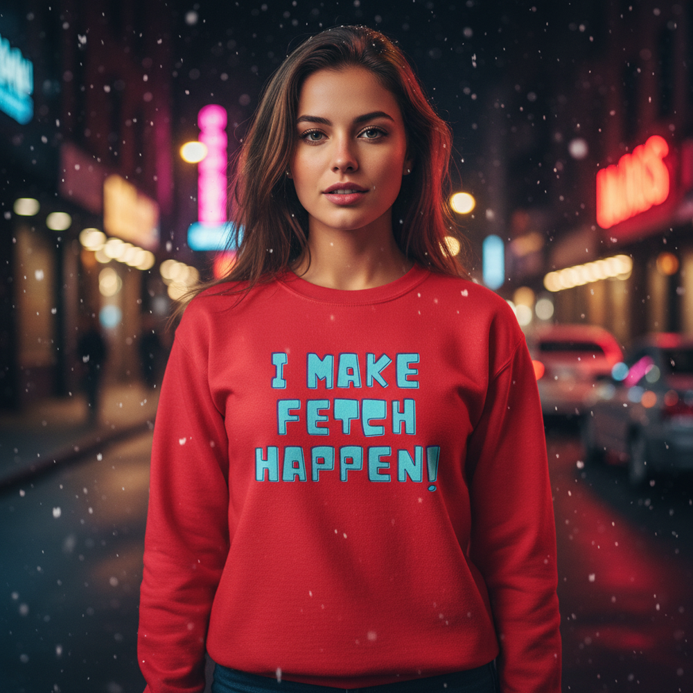 “I MAKE FETCH HAPPEN!” blue-lettered red sweatshirt worn in a snowy city street