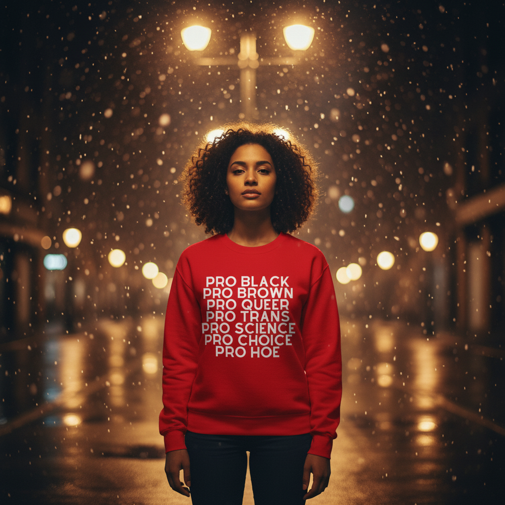 Young person in city rain wearing Pro Hoe Unisex Sweatshirt, featuring bold slogans celebrating diverse identities, embodying pride and self-expression. The bright red sweatshirt stands out, aligning with the store's empowering ethos.