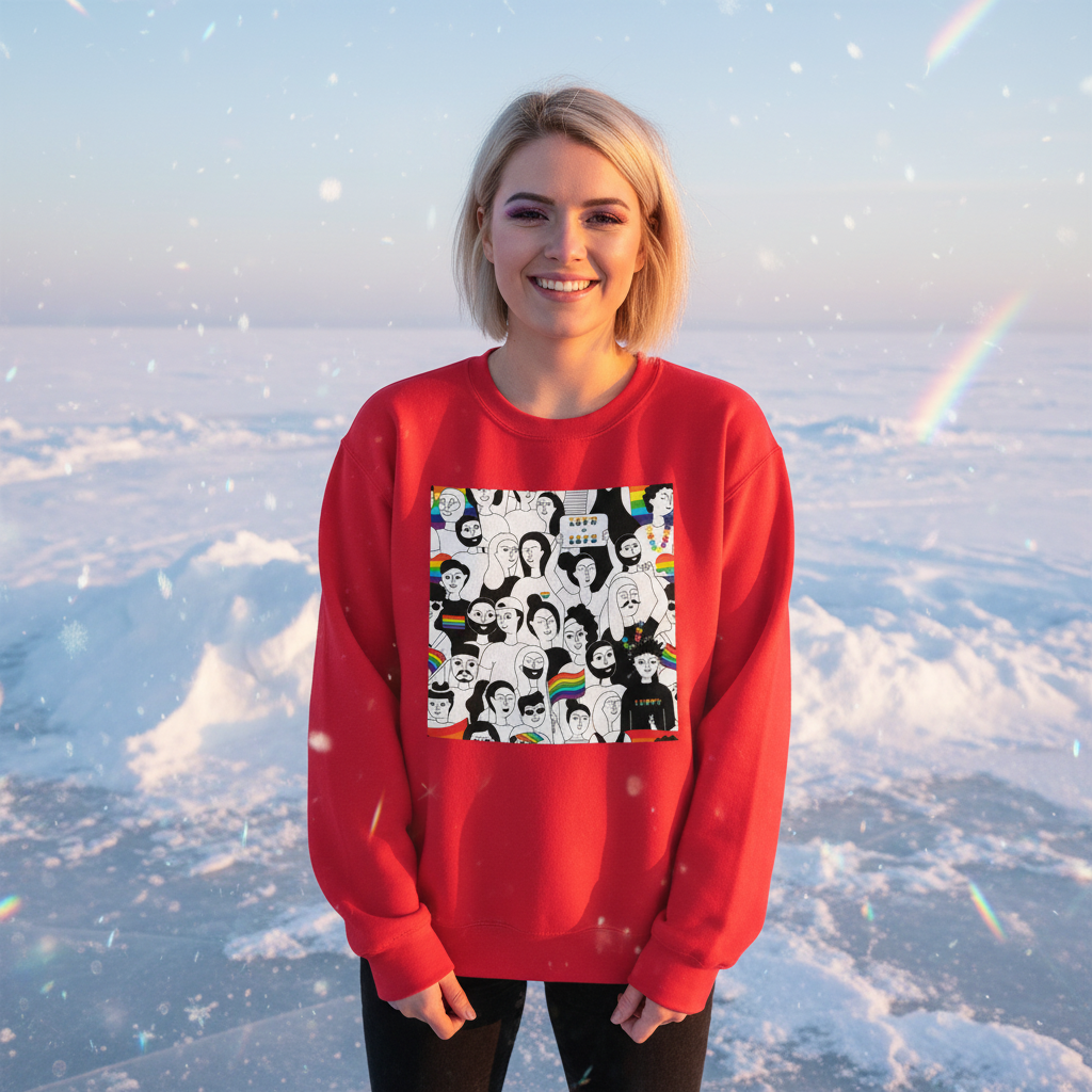 Front view of a smiling model wearing a red sweatshirt with a black-and-white portrait collage and rainbow motifs