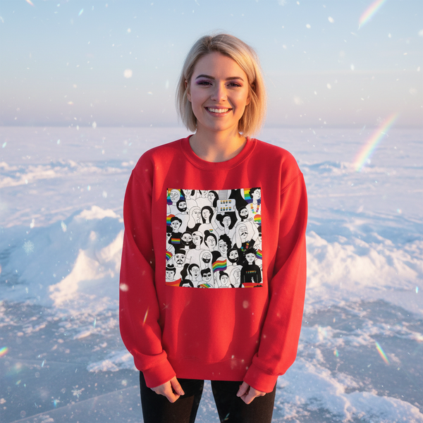 Front view of a smiling model wearing a red sweatshirt with a black-and-white portrait collage and rainbow motifs