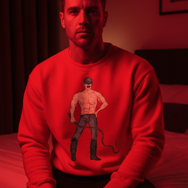 Dominant Daddy Unisex Sweatshirt, featuring a graphic of a buff, shirtless guy in kinky gear with whip, worn by a man in a moody red room.