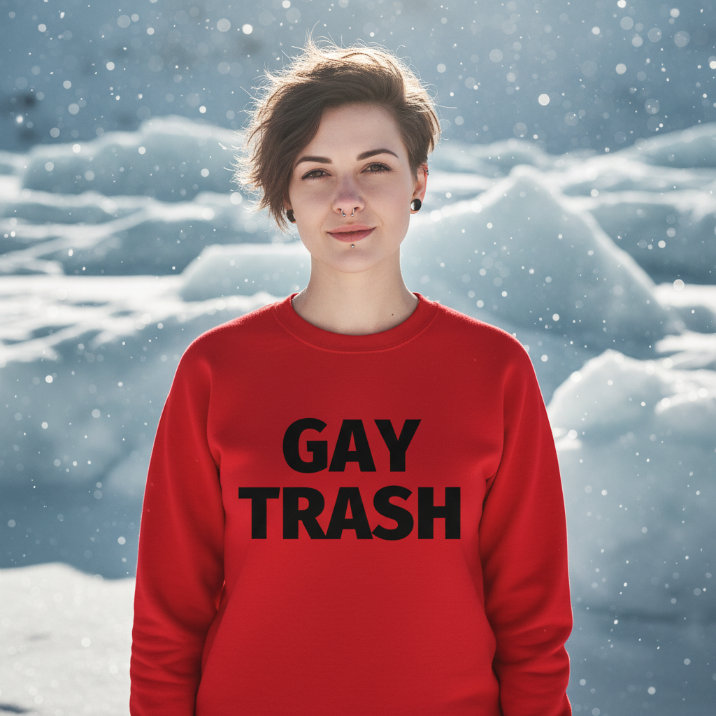 Person wearing a red sweatshirt reading “GAY TRASH” in black, standing in falling snow