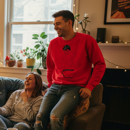 Two people enjoy a warm moment; one in a vibrant Jockstrap Unisex Sweatshirt, embodying queer pride and comfort, perfect for every playful, fabulous queer wardrobe from Queer In The World.