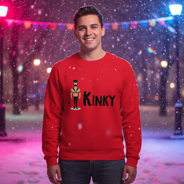 Smiling person modeling a red sweatshirt with a cartoon figure and the word “KINKY”