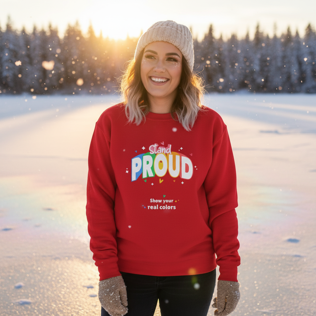 Young woman smiles in snowy sunset wearing the Stand Proud Unisex Sweatshirt, which features rainbow lettering. Perfect for LGBTQ pride, this cozy piece embodies warmth, empowerment, and self-expression.