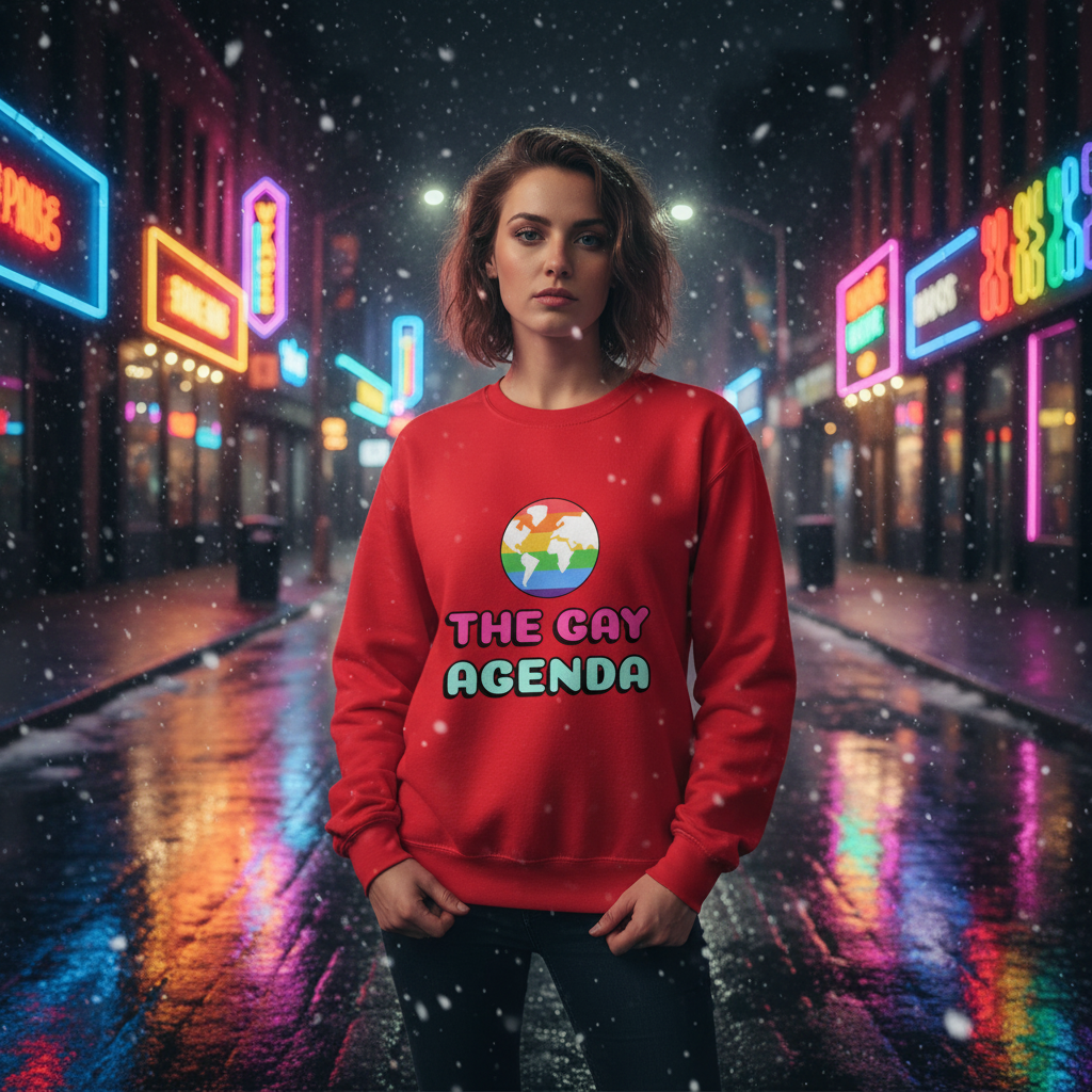 A young person stands in a neon-lit street, wearing The Gay Agenda Unisex Sweatshirt. The bright red, rainbow-globe design embodies bold, queer pride amidst a magical, snowy urban night.
