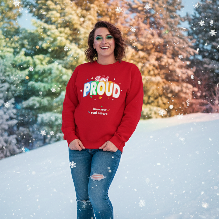 Young woman in a snowy landscape wearing the Stand Proud Unisex Sweatshirt, showcasing bold Stand Proud lettering. Embrace warmth and self-expression with this vibrant, comfy LGBTQIA+ pride apparel.