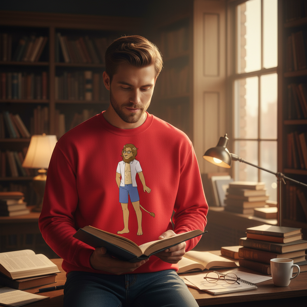 Gay Nerd Unisex Sweatshirt with playful cartoon lion in glasses; light brown-haired bearded man reads in cozy, sunlit library.
