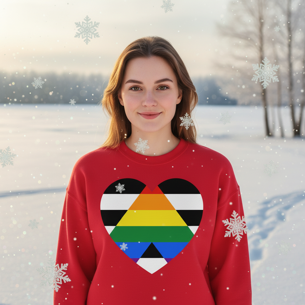 LGBTQ Ally Unisex Sweatshirt showcasing a vibrant heart graphic with rainbow stripes, worn by a woman in a snowy setting, embodying pride and warmth for every queer wardrobe.