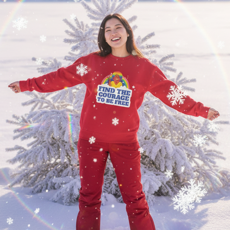 Young woman joyfully wearing the Find The Courage To Be Free Unisex Sweatshirt, featuring a rainbow graphic and slogan, standing in a snowy landscape, embodying pride, empowerment, and queer joy.