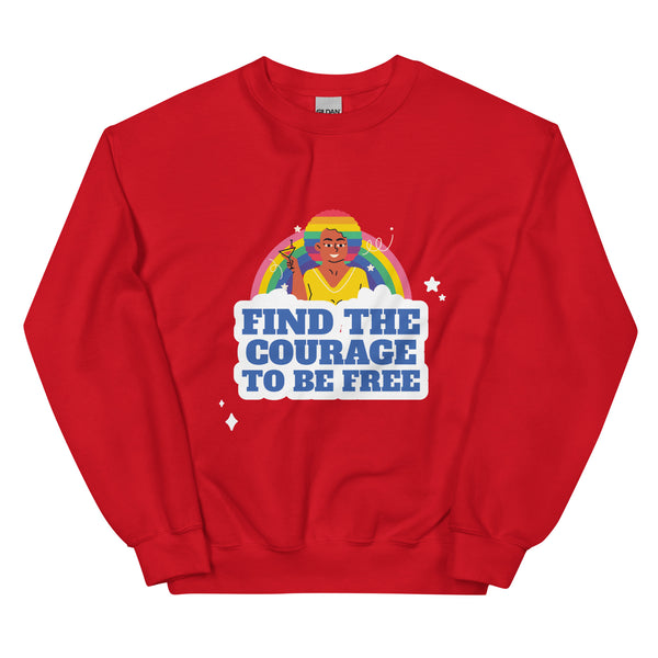 Red Gildan unisex pride sweatshirt featuring a graphic of a smiling person with rainbow hair, cocktail, stars, clouds, and bold blue 