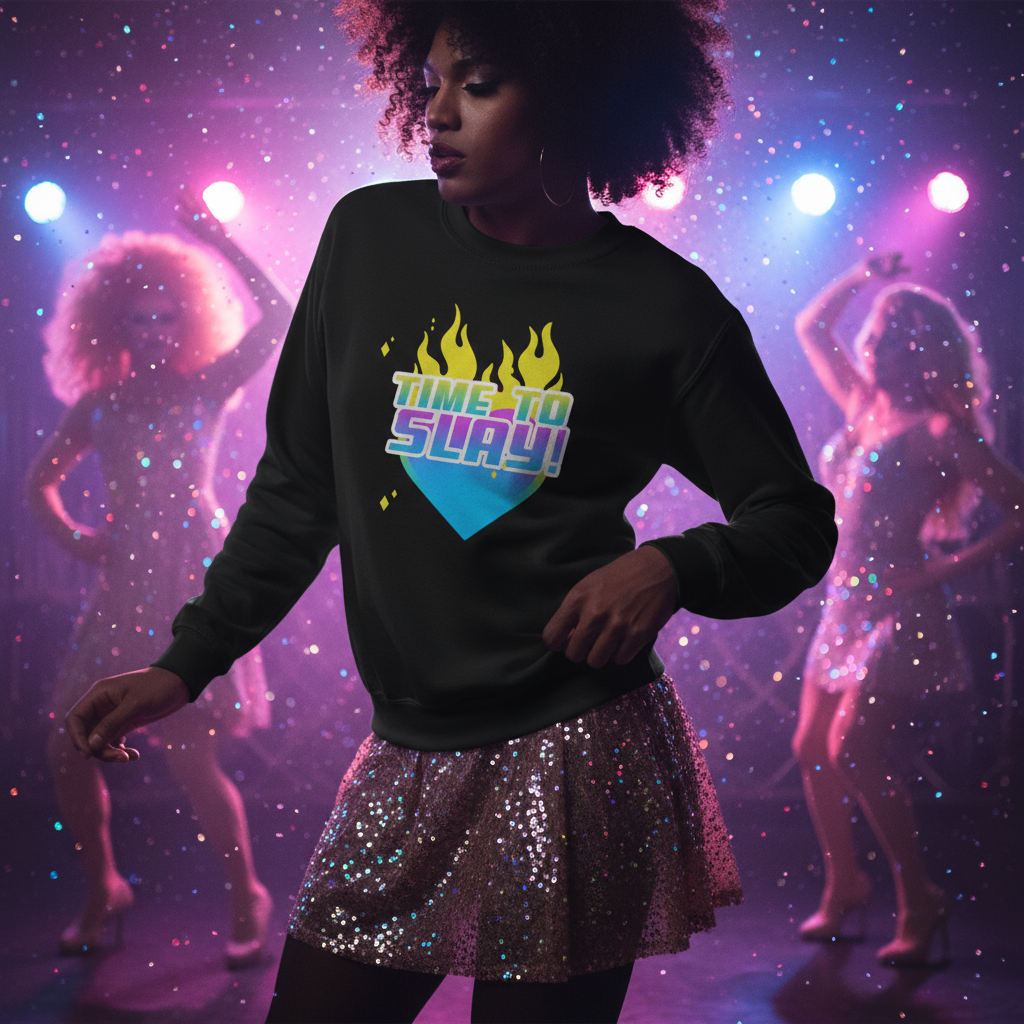Young woman in a club setting wears the Time To Slay! Unisex Sweatshirt, featuring a flaming heart graphic and bold lettering, paired with a sparkly sequin skirt, exuding queer pride and confidence.