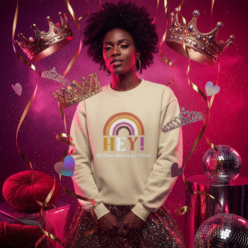 Young Black woman in a cream sweatshirt with Hey! My Prince Charming Is a Princess slogan, surrounded by gold streamers and disco balls, radiating queer pride and empowerment.