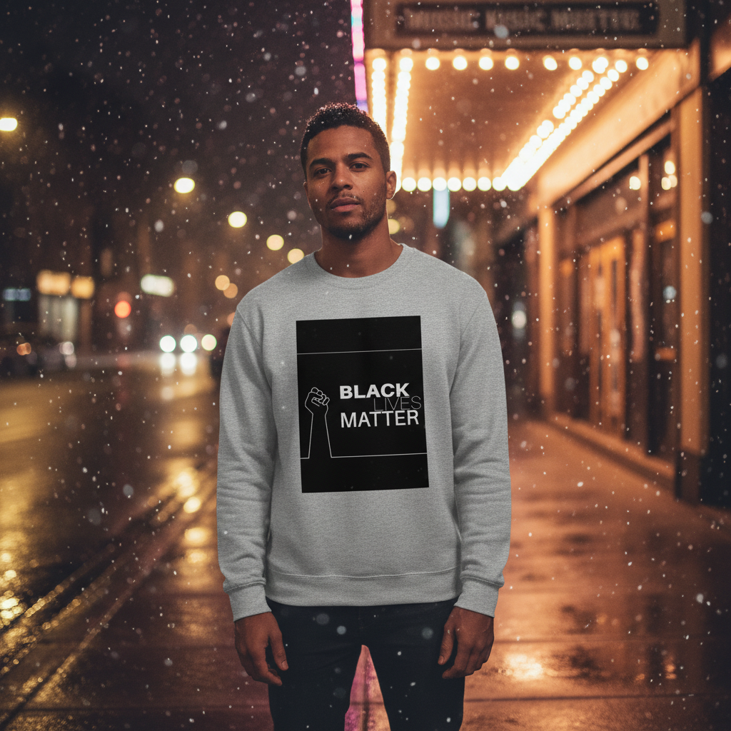 Gray sweatshirt with a Black Lives Matter raised-fist graphic, worn by a person on a snowy city street