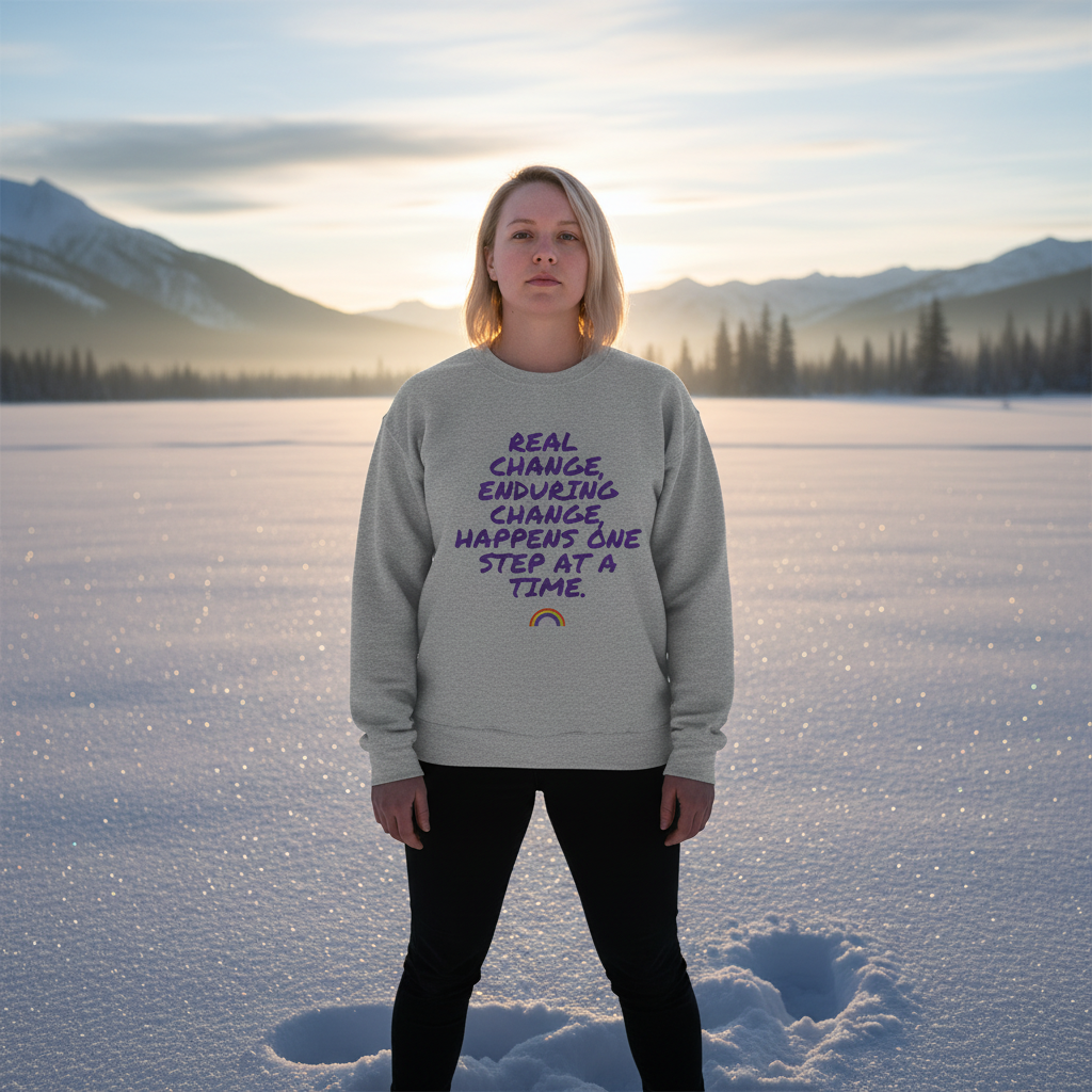 Gray sweatshirt with “REAL CHANGE, ENDURING CHANGE, HAPPENS ONE STEP AT A TIME” print, worn on a snowy lake