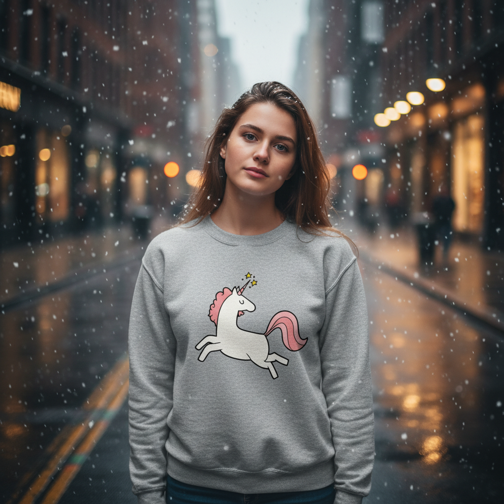 Young person wearing a Unicorn Unisex Sweatshirt stands in a wet city street, showcasing a light-gray, cartoon-unicorn design. The sweatshirt embodies inclusive comfort and prideful self-expression, perfect for LGBTQIA+ visibility.