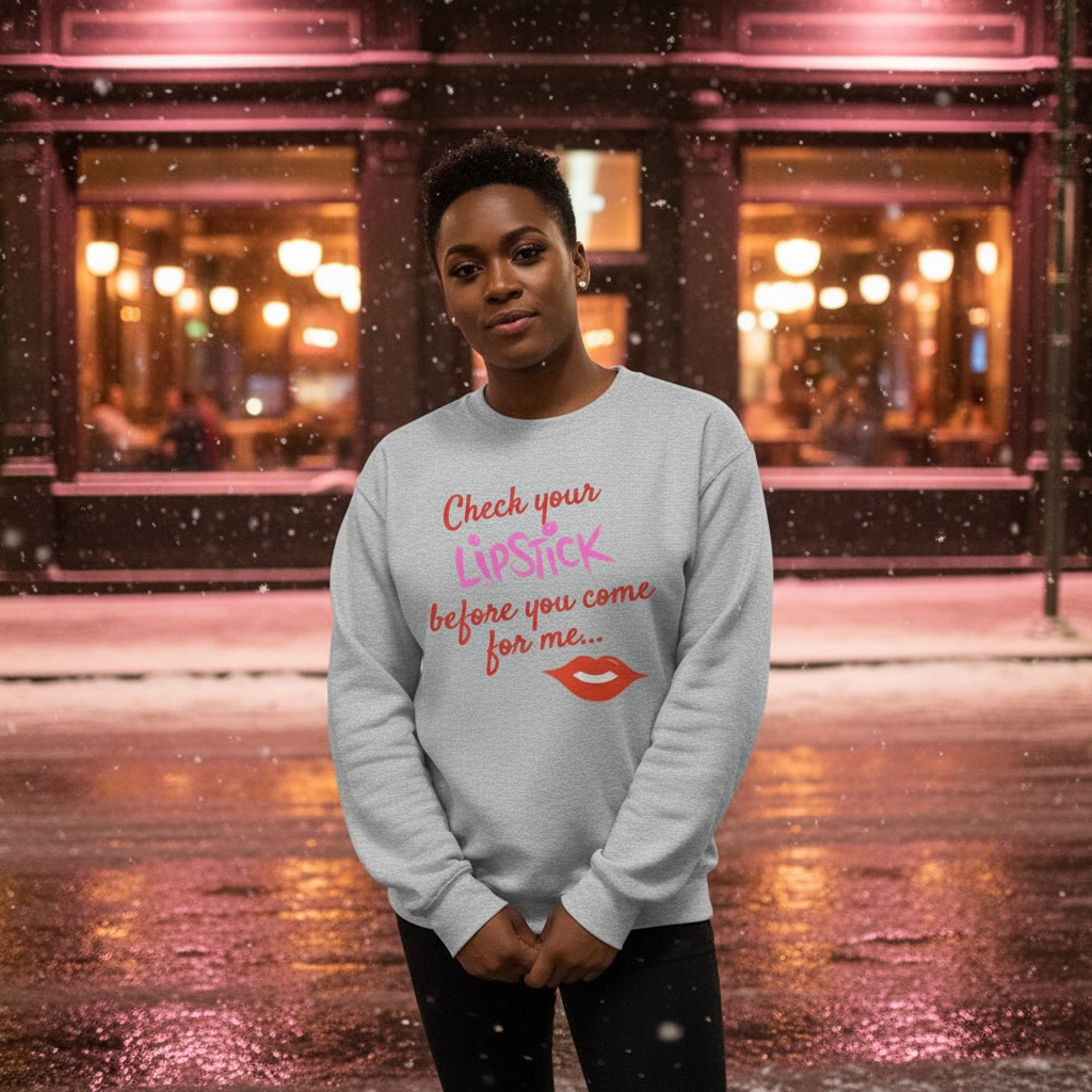 Model wearing a gray sweatshirt reading “Check your lipstick before you come for me...”