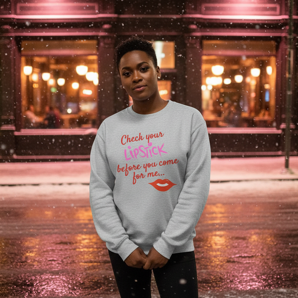 Model wearing a gray sweatshirt reading “Check your lipstick before you come for me...”