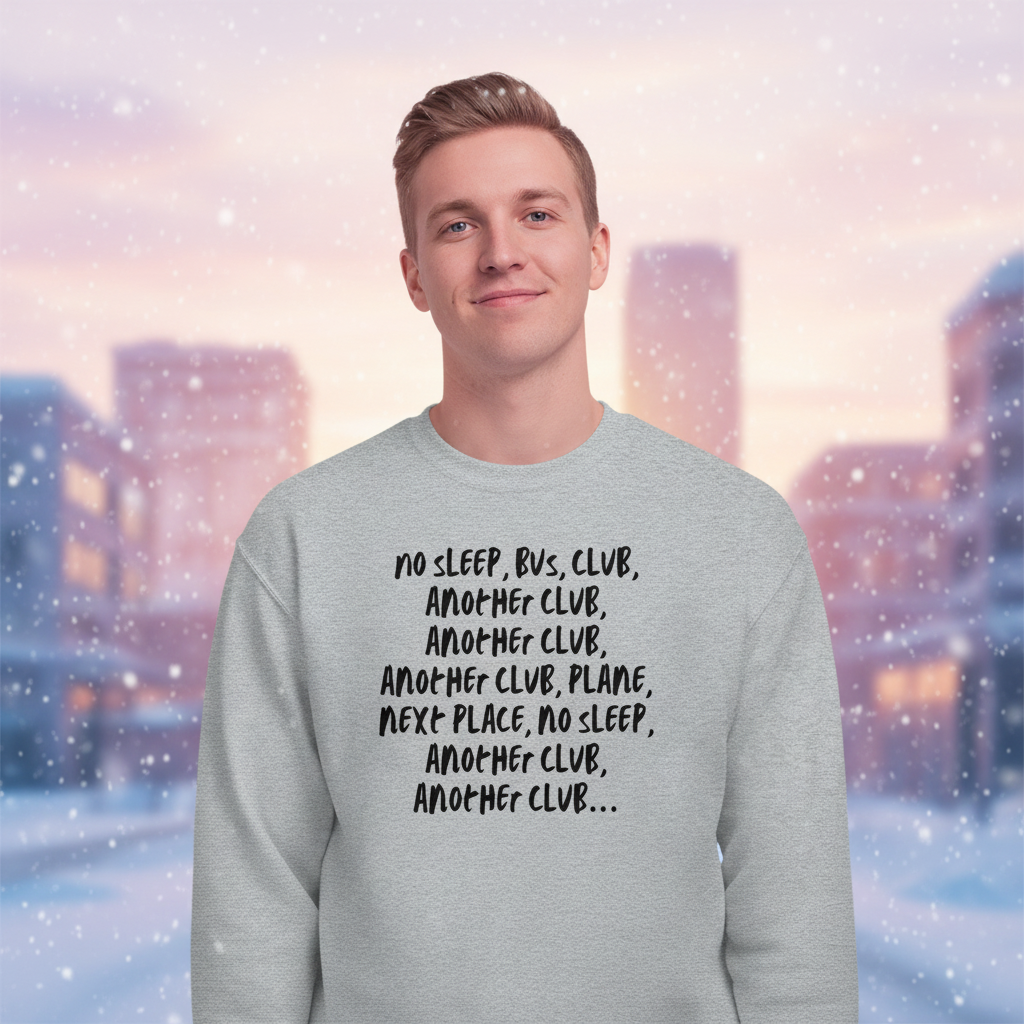 No Sleep, Bus, Club, Another Club Unisex Sweatshirt on a young man, capturing vibrant queer spirit. This light-gray sweatshirt features playful font, perfect for expressing LGBTQ pride and self-expression with warmth and comfort.