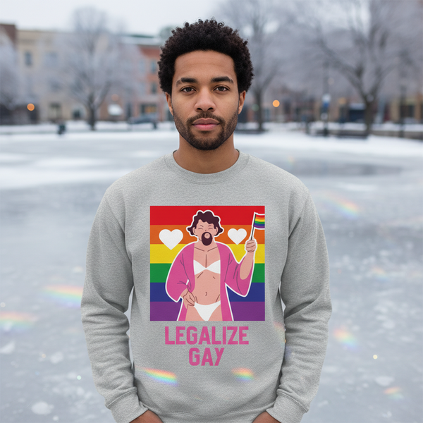 Person wearing a gray sweatshirt reading “LEGALIZE GAY” with a rainbow illustration on ice