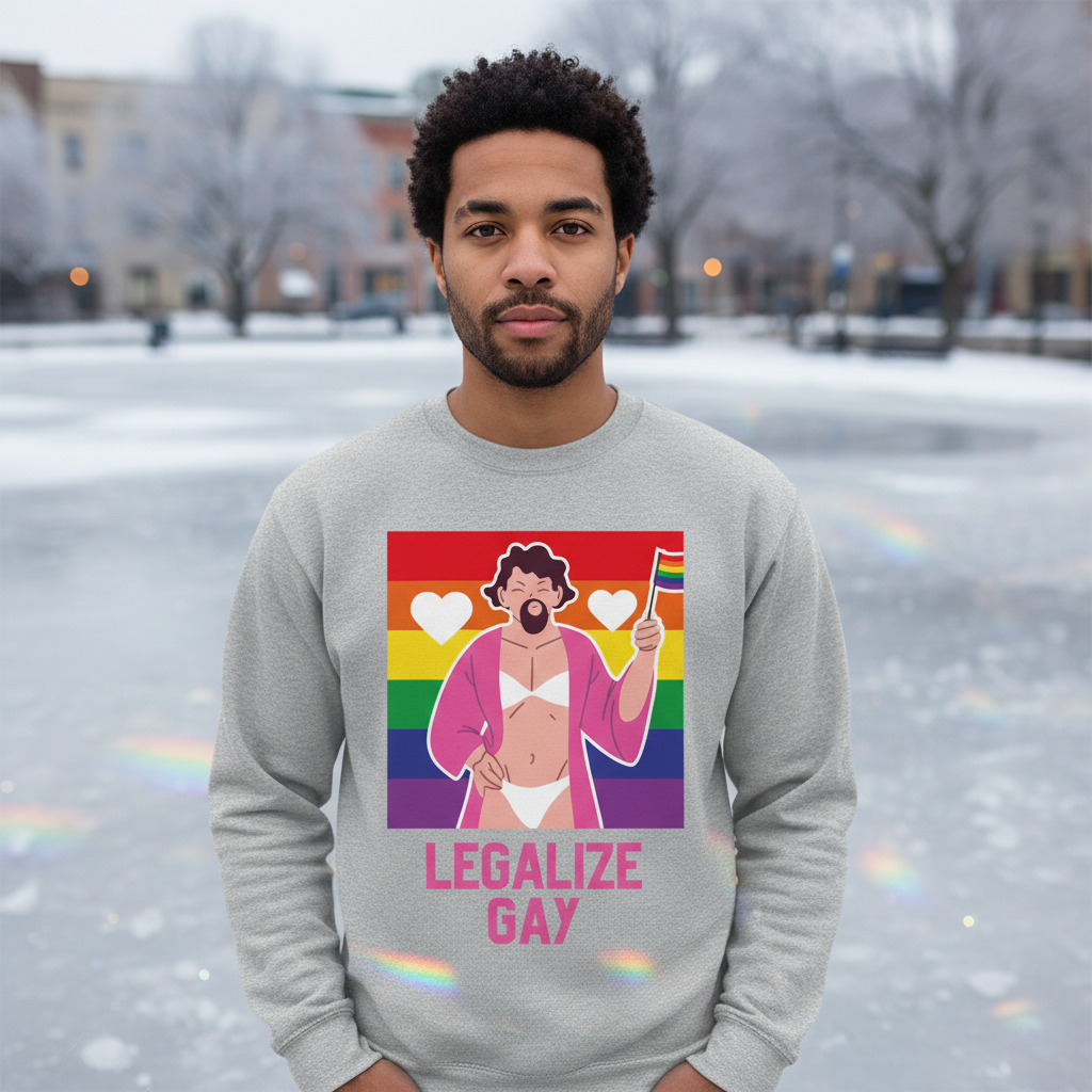 Young man on ice wearing the Legalize Gay Unisex Sweatshirt, featuring a bold pink slogan, cartoon figure, and rainbow flag, embodying queer pride and self-expression with a comfortable, inclusive fit.