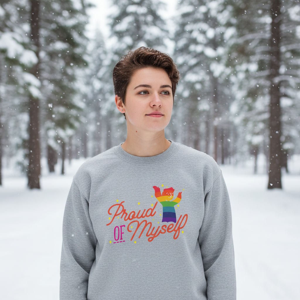 Young person in snowy forest wearing Proud Of Myself Unisex Sweatshirt, featuring a rainbow-striped cartoon figure. The sweatshirt embodies LGBTQ pride, offering warmth and comfort for every gender spectrum, celebrating self-expression.