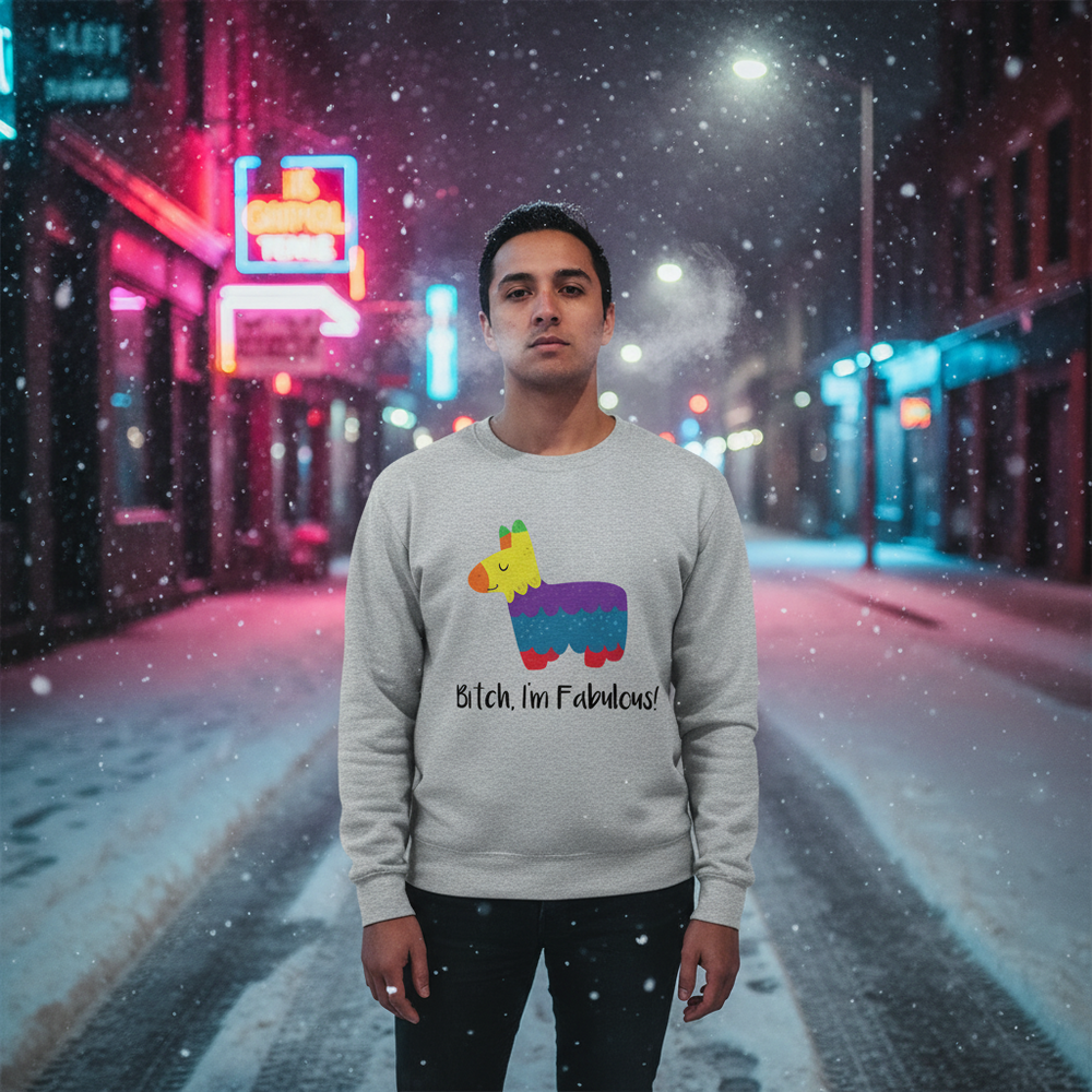Person wearing a gray sweatshirt reading “Bitch, I’m Fabulous!” with a colorful llama graphic in a snowy neon-lit street
