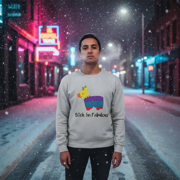Person wearing a gray sweatshirt reading “Bitch, I’m Fabulous!” with a colorful llama graphic in a snowy neon-lit street