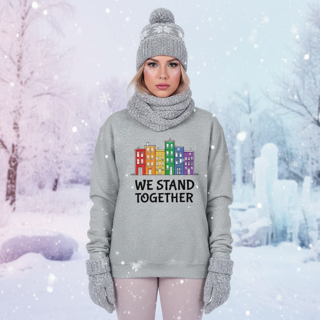Front-facing model wears a gray sweatshirt reading “WE STAND TOGETHER” with colorful buildings in snowfall