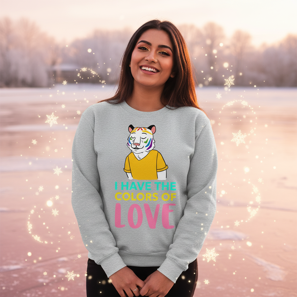 Young woman outdoors in a light-gray I Have the Colors of Love Unisex Sweatshirt featuring a rainbow-striped cartoon tiger. Empowering queer pride statement, perfect for warmth, comfort, and self-expression.