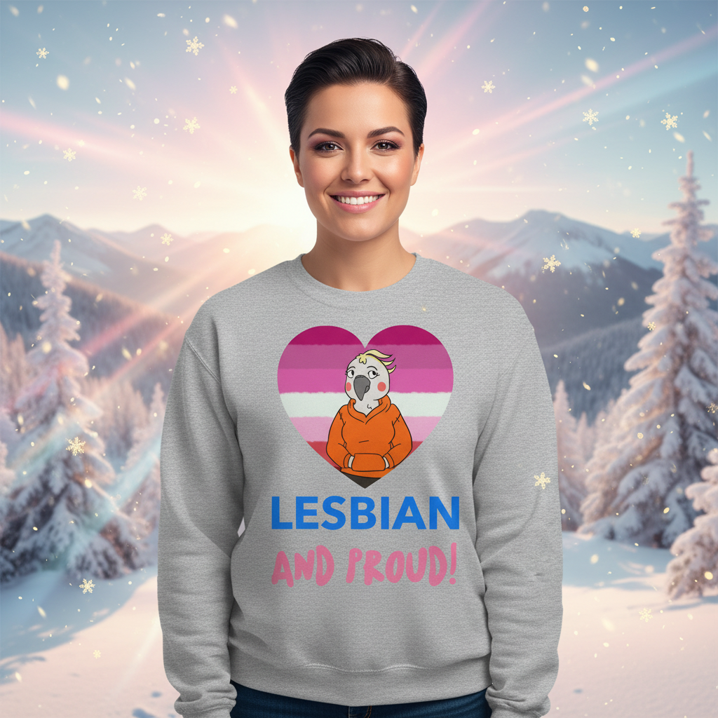 Smiling person in a light gray Lesbian and Proud unisex sweatshirt featuring a cockatoo in a heart graphic, celebrating LGBTQIA+ pride amidst a snowy mountain backdrop.