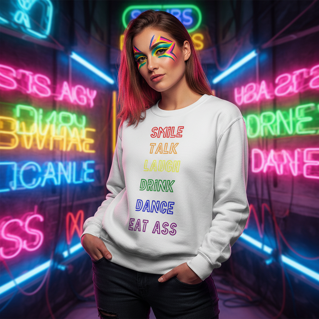 White sweatshirt with rainbow text reading “SMILE TALK LAUGH DRINK DANCE EAT ASS,” worn by a model