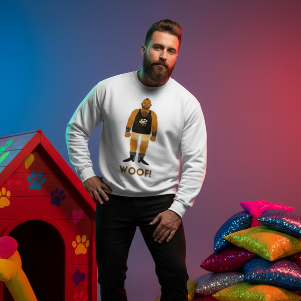 Bearded model wearing a white sweatshirt with a bear graphic and “WOOF!” text