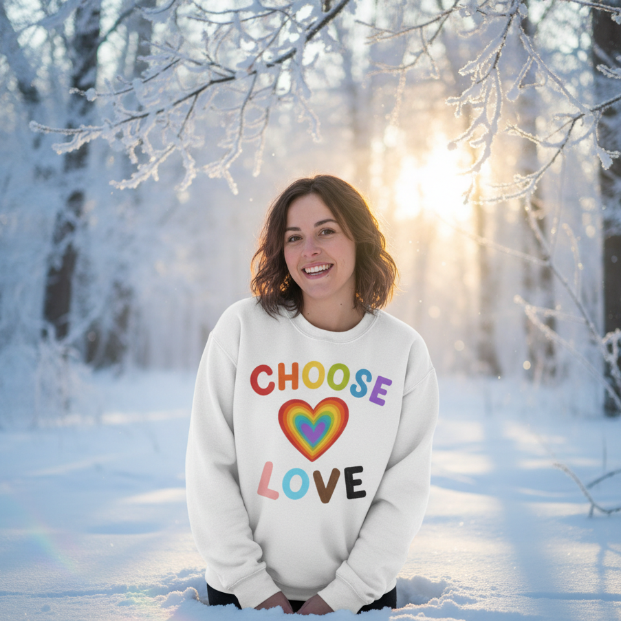 Smiling person kneeling in snow wearing a white sweatshirt reading “CHOOSE LOVE” with a rainbow heart
