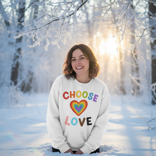 Smiling person kneeling in snow wearing a white sweatshirt reading “CHOOSE LOVE” with a rainbow heart