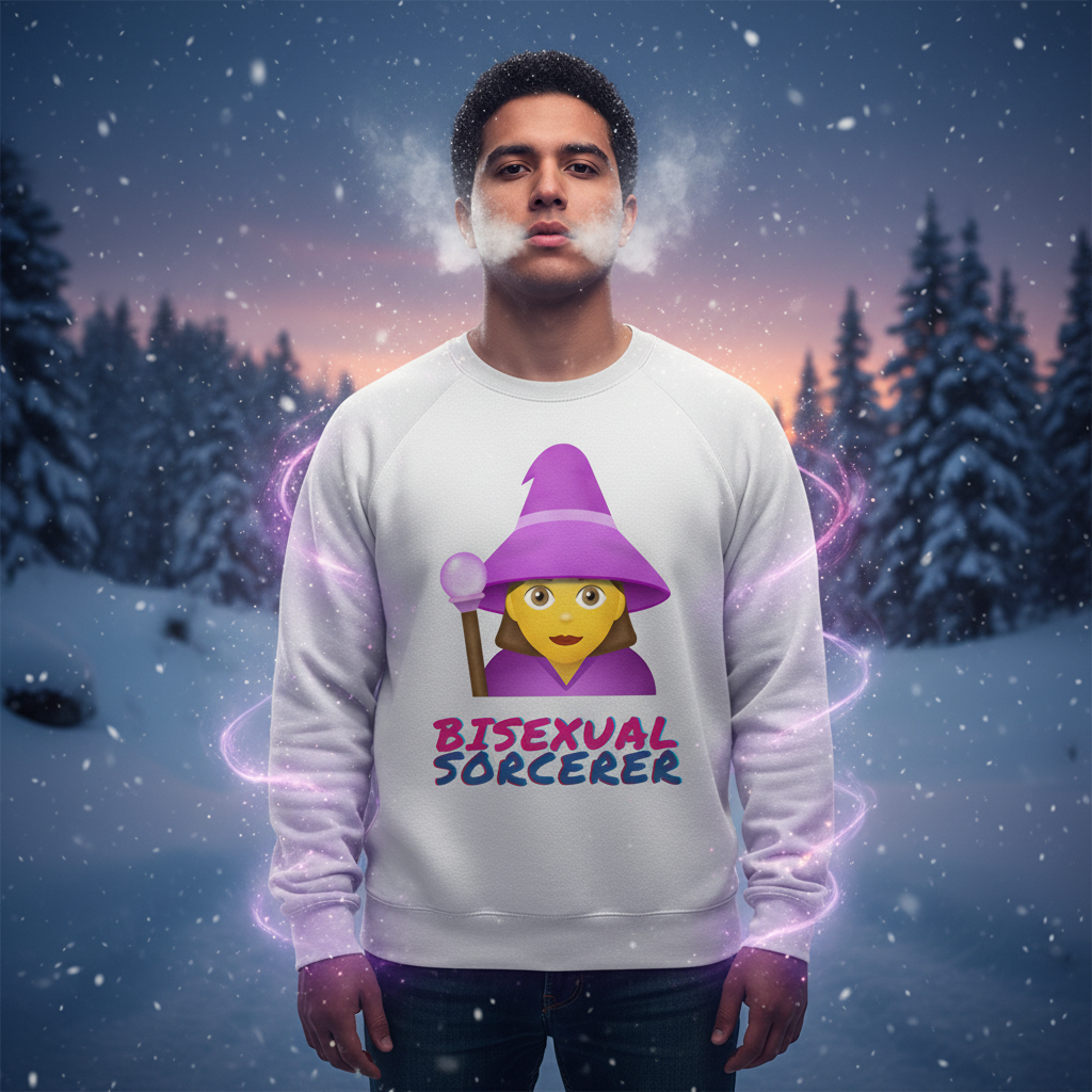 Person in a snowy twilight forest wearing a Bisexual Sorcerer Unisex Sweatshirt with a wizard emoji, promoting LGBTQ pride. Sparkly magic swirls around them, embodying empowerment and warmth.