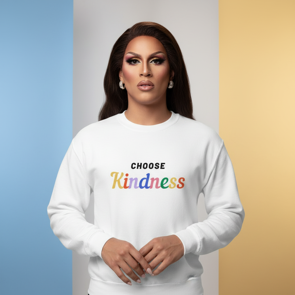 Front-facing model wearing a white sweatshirt reading “CHOOSE Kindness” in multicolored lettering