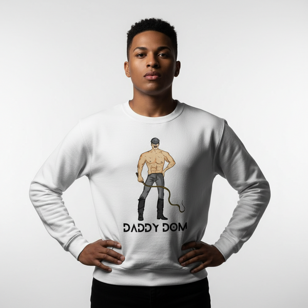 Front-facing model wearing a white sweatshirt with a leather-clad figure and “DADDY DOM” text