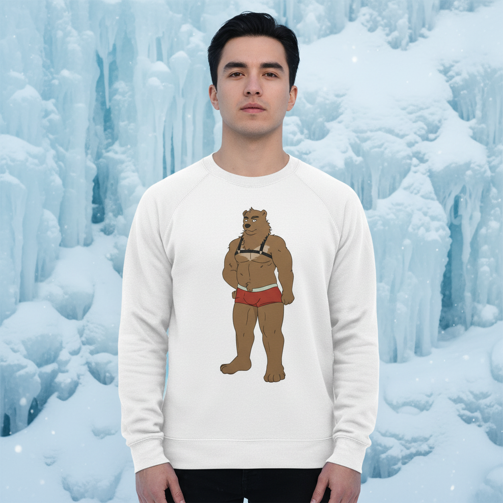 Young man wears Gay Bear Unisex Sweatshirt featuring a cartoon bear in red boxer briefs and black bra. The sweatshirt embodies warmth and LGBTQ pride with extra-soft fabric, ideal for self-expression.