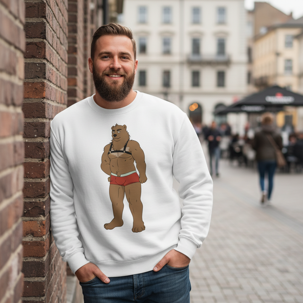 White Gay Bear Unisex Sweatshirt with cartoon bear in red briefs, worn by a bearded man outside near a brick wall; blurred city scene.