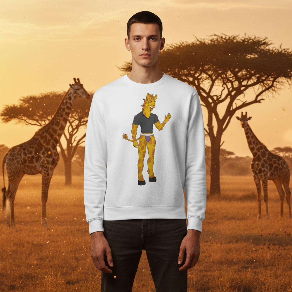 White Gay Giraffe Unisex Sweatshirt with a cartoon giraffe in a black tee and purple shorts, waving, worn at sunset savanna.