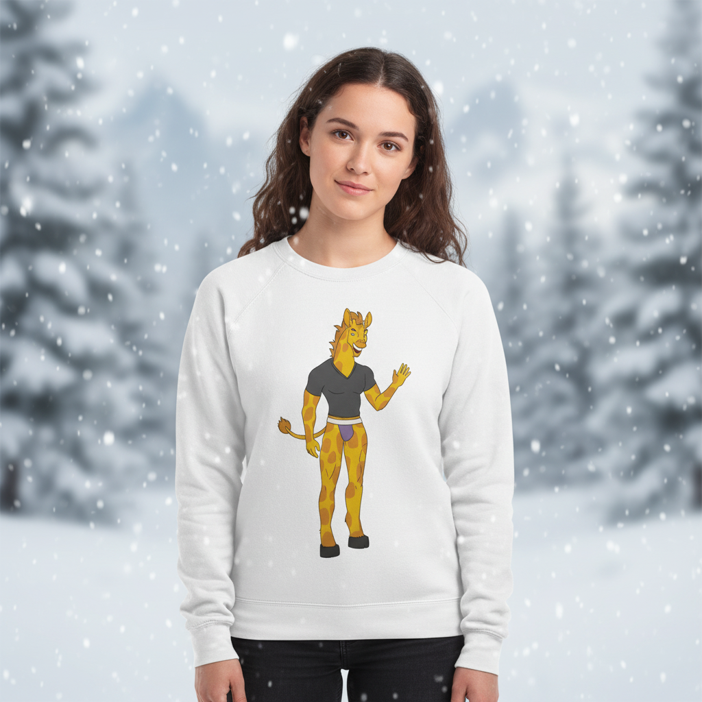 Young woman in a snowy scene wearing a Gay Giraffe Unisex Sweatshirt, featuring an anthropomorphic giraffe in a black T-shirt and purple briefs, embodying playful, inclusive pride and self-expression.