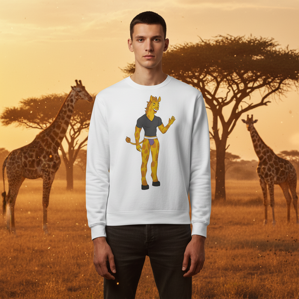 White Gay Giraffe Unisex Sweatshirt with a cartoon giraffe in a black tee and purple shorts, waving, worn at sunset savanna.