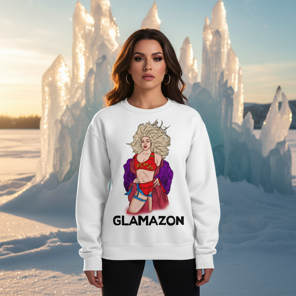 Woman in snowy landscape wearing the Glamazon Unisex Sweatshirt with a vibrant superhero illustration, symbolizing pride and empowerment. This extra-soft, pre-shrunk sweatshirt celebrates LGBTQ pride with warmth and style.