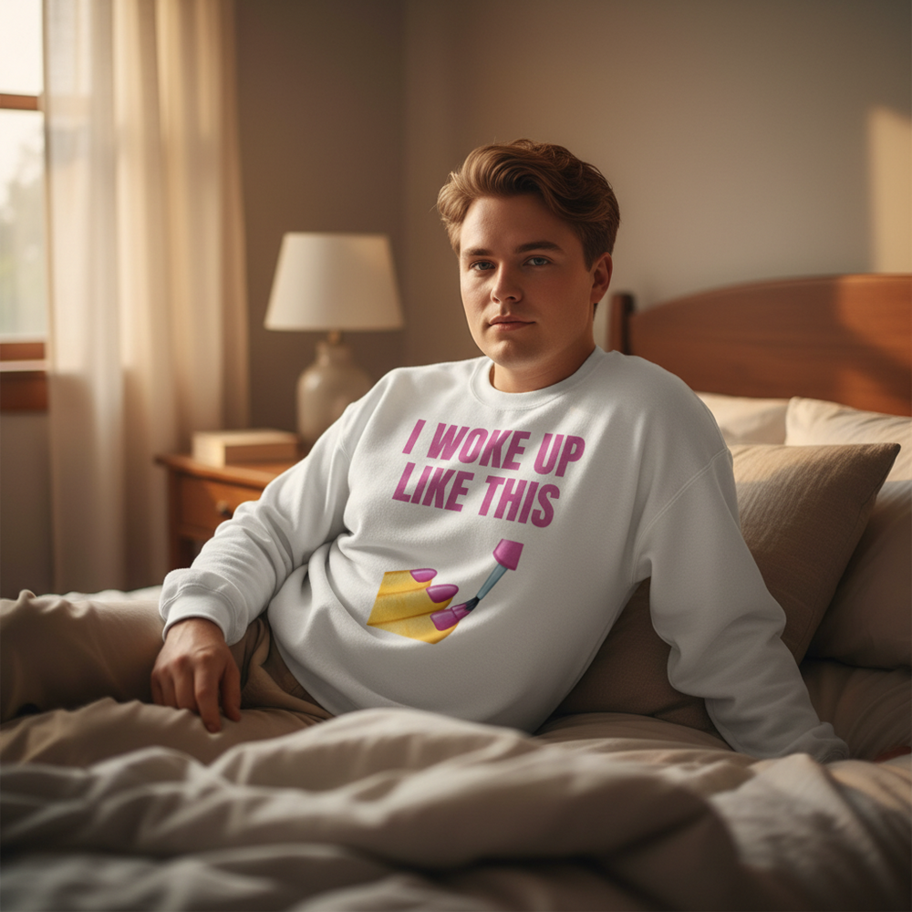 person reclining in bed wearing a white sweatshirt reading “I WOKE UP LIKE THIS” with nail-polish graphics