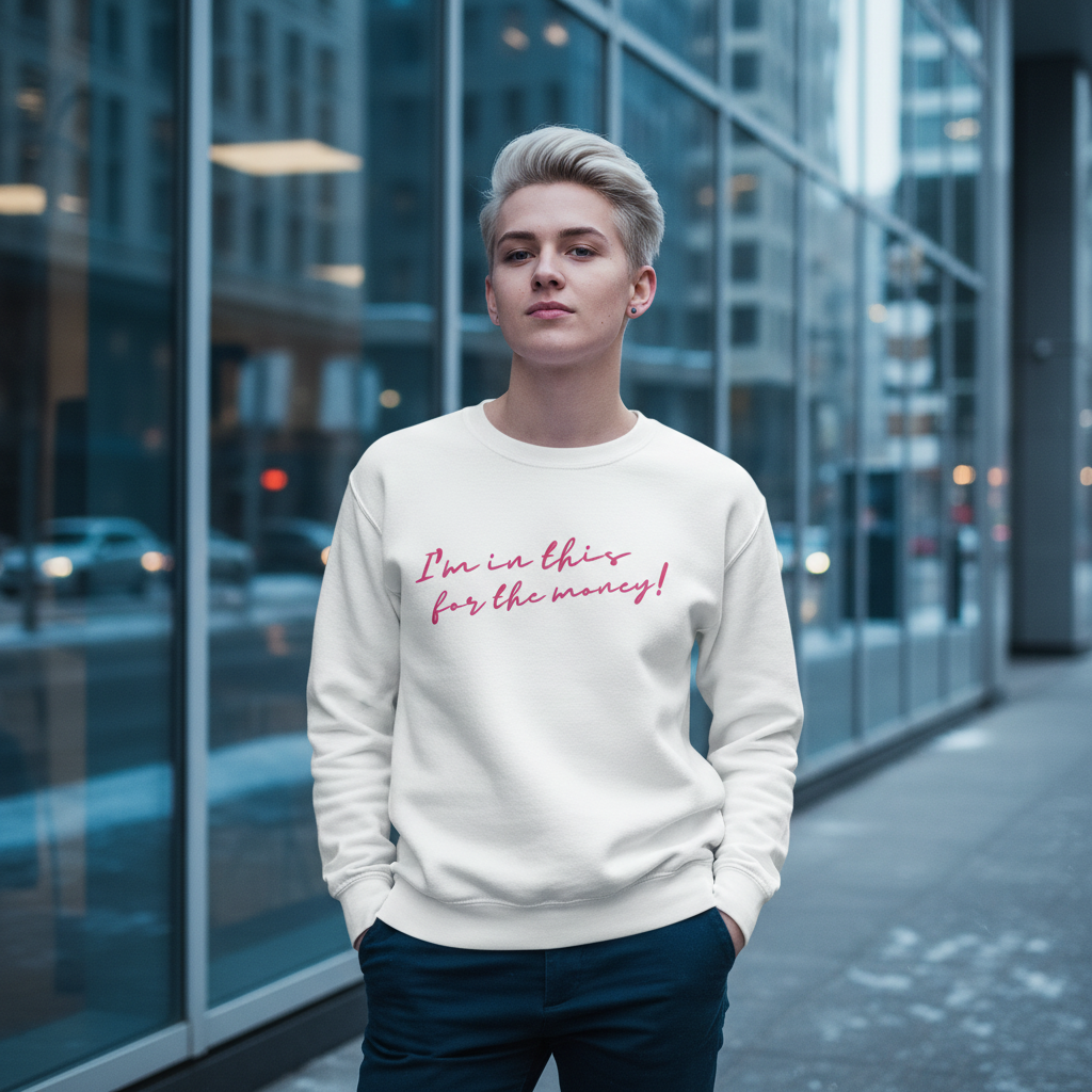 Young person in a white I'm In This For The Money Unisex Sweatshirt, expressing queer pride and empowerment, standing confidently on a city street, showcasing the sweatshirt's inclusive, stylish design.