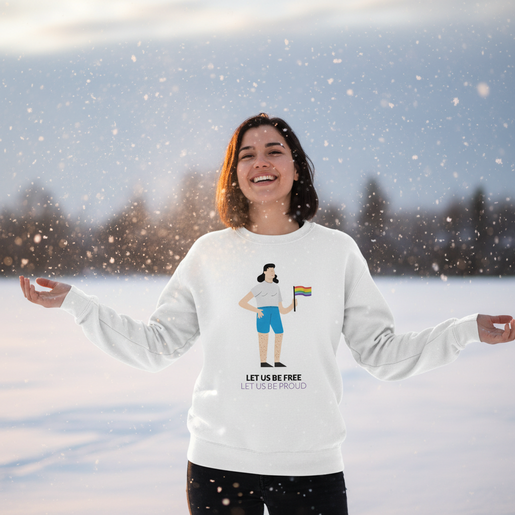Person outdoors in falling snow wearing a white sweatshirt reading “LET US BE FREE LET US BE PROUD.”